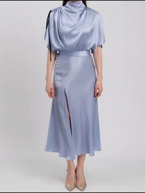 Ellery Satin Midi Dress in Light Blue with High Slit